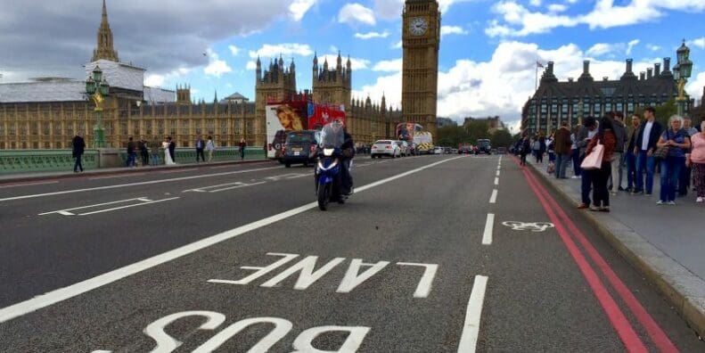 Bus lane in use in London lane filtering happiest commuters A British survey has found that riding a motorcycle makes you safer on a bicycle and vice versa, while other surveys show riders are the safest motorists. kerb motorists