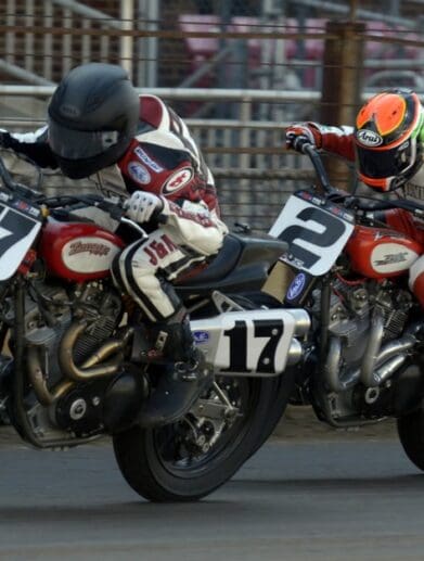 Harley and Indian big-bore flat trackers race spending snow