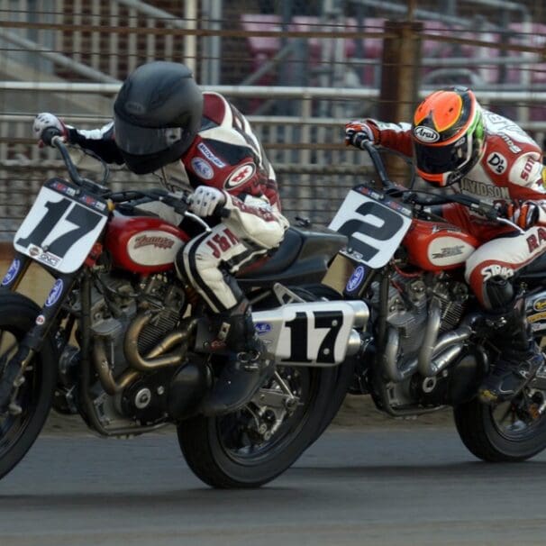 Harley and Indian big-bore flat trackers race spending snow