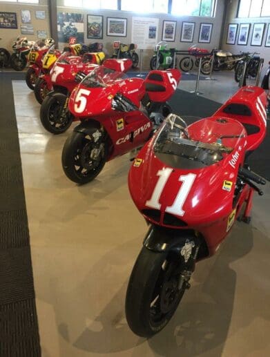 Five of the Cagivas on display 11 John Kocinski, 5 Doug Chandler, 7 Eddie Lawson, I Marco Papa, 18 Randy Mamola grand prix cagiva