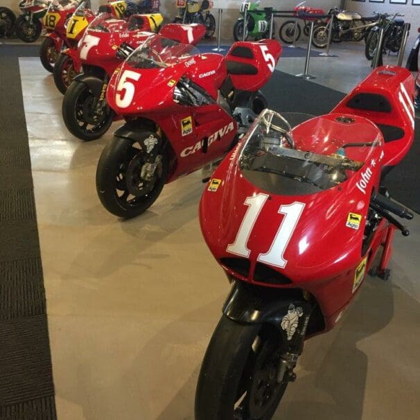 Five of the Cagivas on display 11 John Kocinski, 5 Doug Chandler, 7 Eddie Lawson, I Marco Papa, 18 Randy Mamola grand prix cagiva