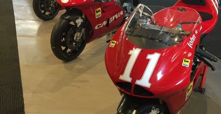 Five of the Cagivas on display 11 John Kocinski, 5 Doug Chandler, 7 Eddie Lawson, I Marco Papa, 18 Randy Mamola grand prix cagiva