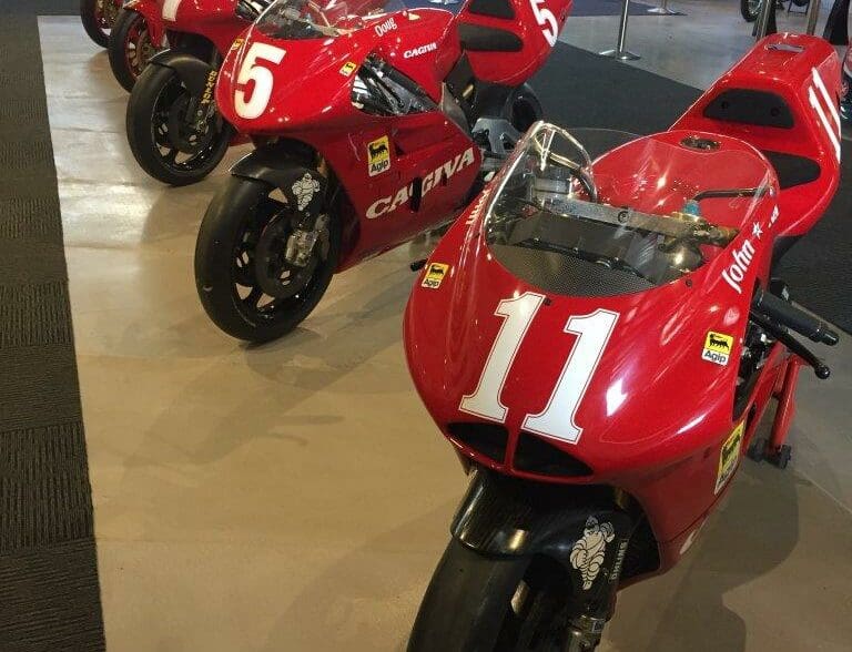 Five of the Cagivas on display 11 John Kocinski, 5 Doug Chandler, 7 Eddie Lawson, I Marco Papa, 18 Randy Mamola grand prix cagiva