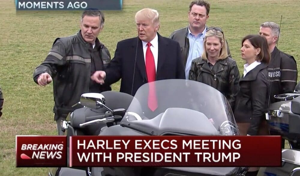 Harley-Davidson execs meet President Trump copycat cow debate waiving tariffs electric production berlin boycott results china