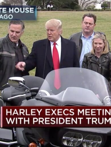 Harley-Davidson execs meet President Trump copycat cow debate waiving tariffs electric production berlin boycott results china