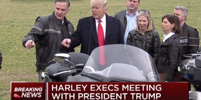 Harley-Davidson execs meet President Trump copycat cow debate waiving tariffs electric production berlin boycott results china