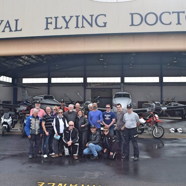 Riders at Royal Flying Doctor Service hangar