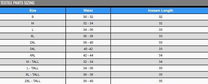 Pilot Pants Size Chart