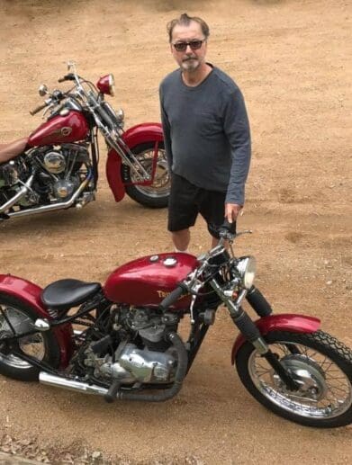Paul Baltzer with his 1973 Triumph Bobber custom and 1970s Harley Shovelhead that he will show at the 2017 RACQ MotorFest