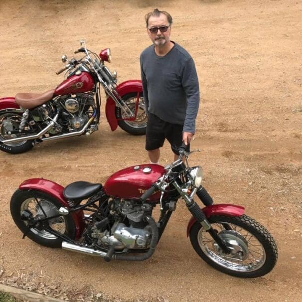 Paul Baltzer with his 1973 Triumph Bobber custom and 1970s Harley Shovelhead that he will show at the 2017 RACQ MotorFest