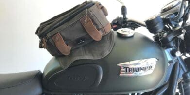 Burly Brand magnetic tank bag in waxed cotton and leather