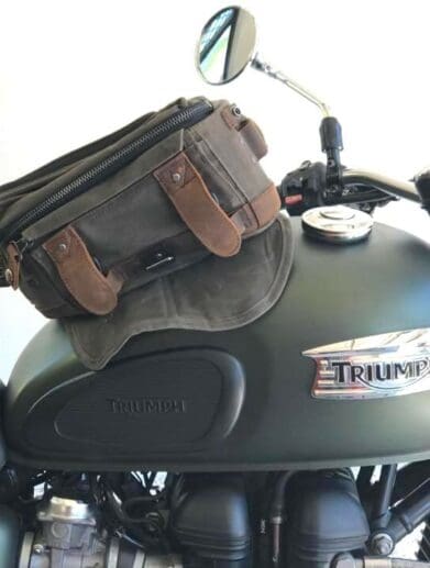 Burly Brand magnetic tank bag in waxed cotton and leather