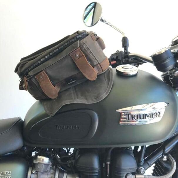 Burly Brand magnetic tank bag in waxed cotton and leather