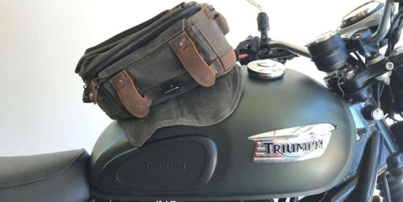 Burly Brand magnetic tank bag in waxed cotton and leather