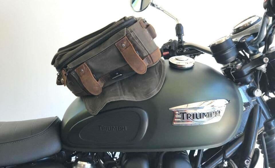 Burly Brand magnetic tank bag in waxed cotton and leather