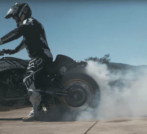 Carey Hart's Hooligan flat track Scout burnout used to make Indian Motorcycle tattoo ink