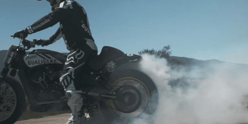 Carey Hart's Hooligan flat track Scout burnout used to make Indian Motorcycle tattoo ink