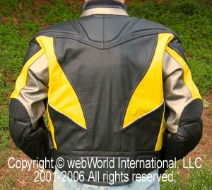 Men's vented leather motorcycle jacket, rear view - the Vortech Airflow Sportech Jacket by Olympia Moto Sports