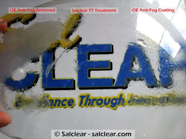 Motorcycle Helmet Visor: OE anti-fog removed (left); Salclear TT (center); OE anti-fog coating (right).