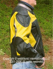 Men's vented leather motorcycle jacket, side view - the Vortech Airflow Sportech Jacket by Olympia Moto Sports