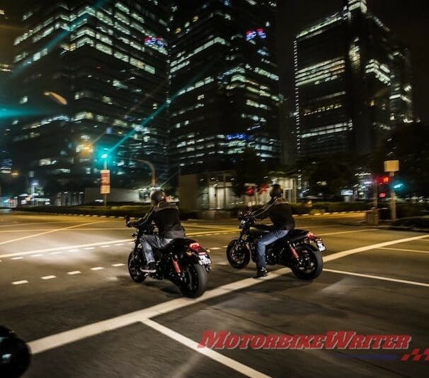 Harley-Davidson Street Rod Singapore traffic congestion night motorcycles moon