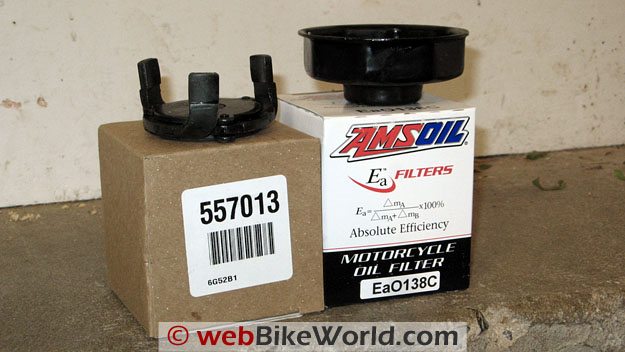 Wix 5557013 box (left); Amsoil EaO138C box (right). Ducati wrench on right; universal removal wrench left.