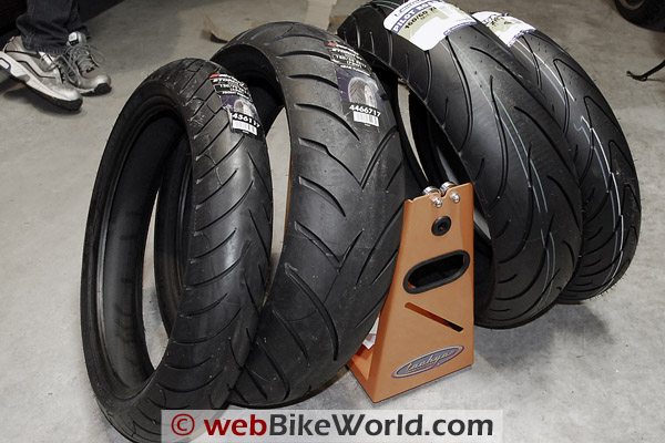 Avon Storm tires on the left; Michelin Pilot Road 2 on the right.