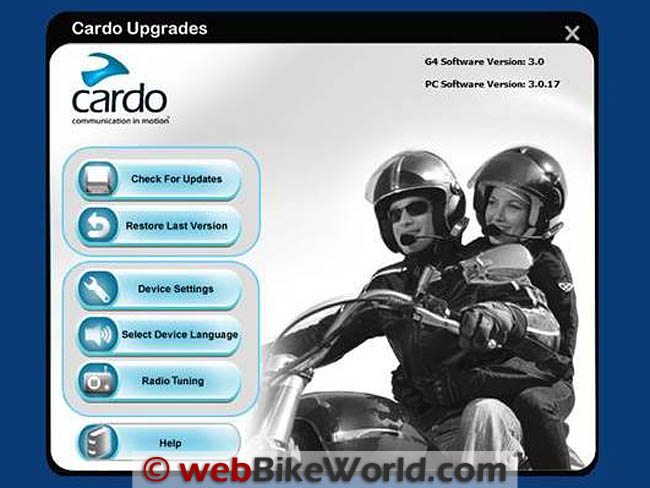 Cardo Scala Rider G4 Software Upgrade Version 3.0 - Main Menu Screen