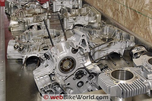 Ducati engine cases and parts out of the parts washer.