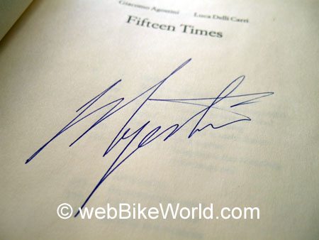 Autograph of Giacomo Agostini on a copy of Fifteen Times, his autobiography.