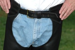 Leather motorcycle chaps, belt view