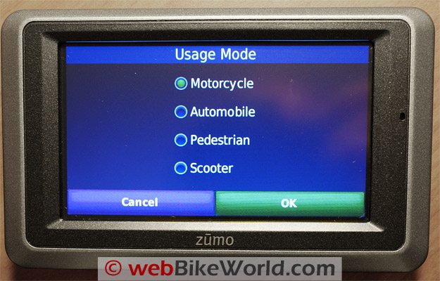 Garmin zumo 660 "Usage Mode" screen