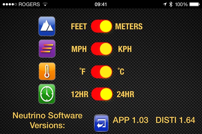 Neutrino Smartphone App Settings Screen for Feet Meters