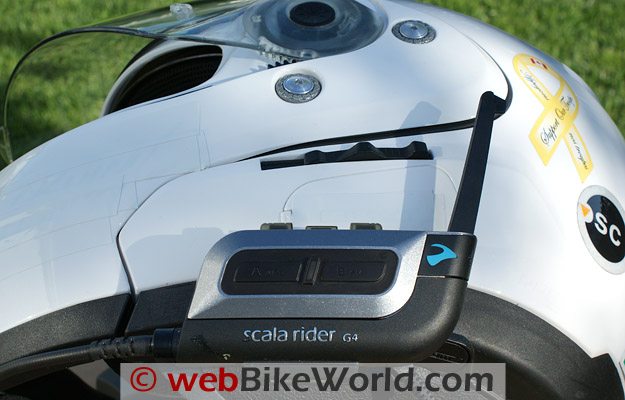 Cardo Scala Rider G4 Intercom - Nolan N-103 helmet with antenna in raised position.