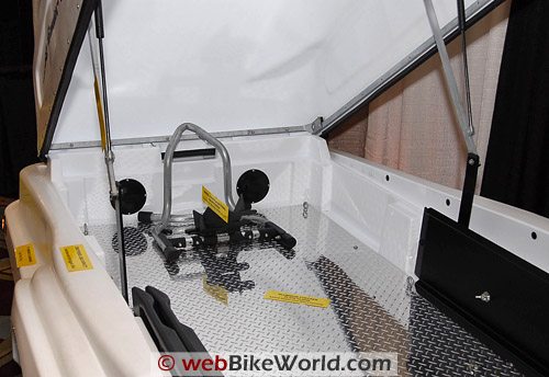 Covered Motorcycle Trailer - Inside with Front Wheel Chock