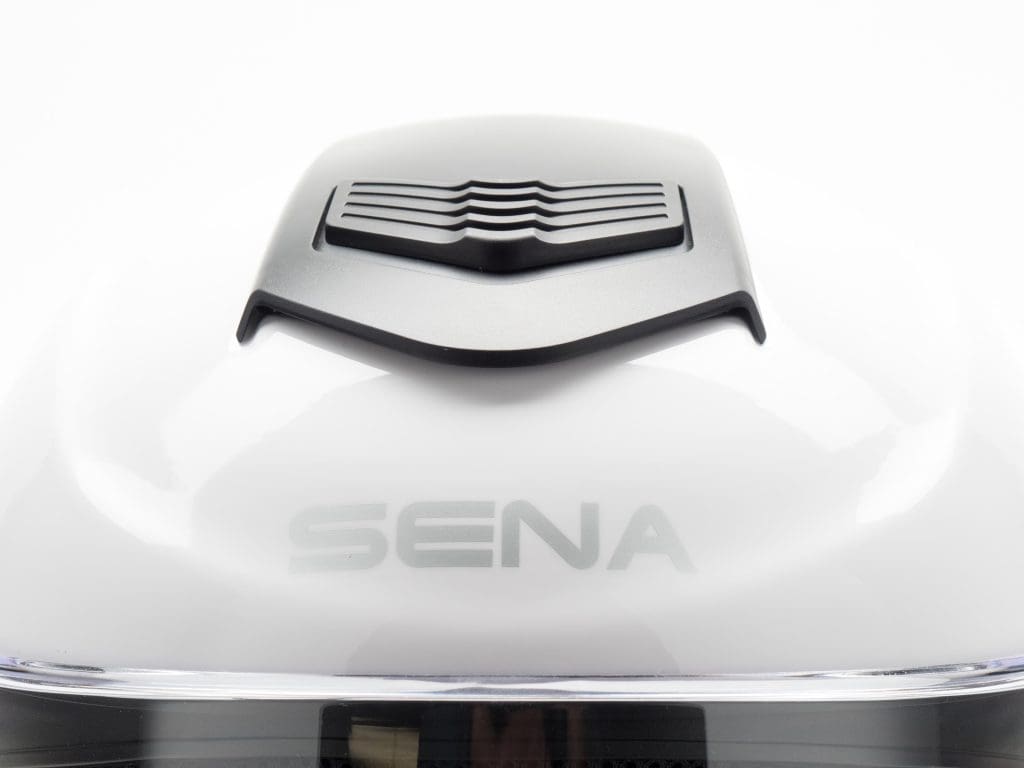 Sena Momentum Helmet Top Side Vent Closeup and Sena Logo Letters