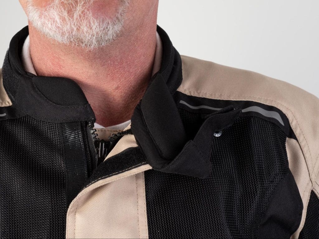 Pilot Motosport Elipsol Air Jacket Closeup of Model Neck and Collar to show fit