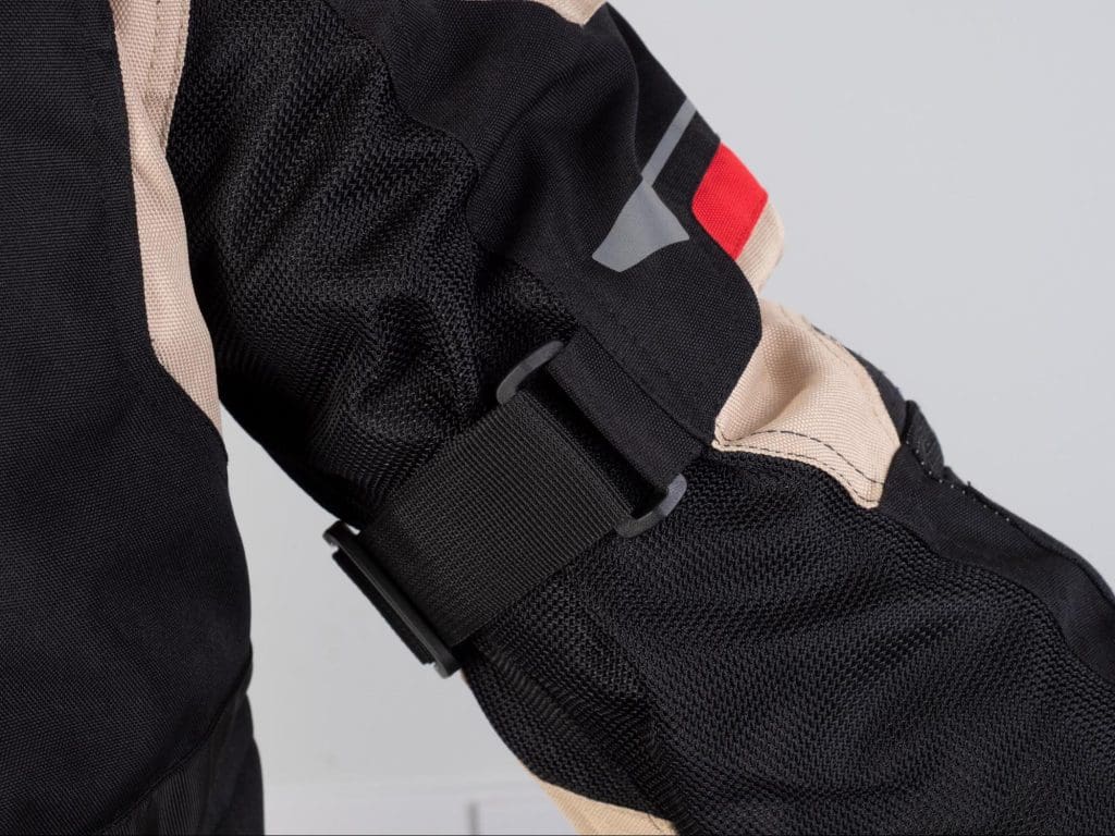 Pilot Motosport Elipsol Air Jacket Closeup of Strap Adjustment on Upper Arm of Jacket