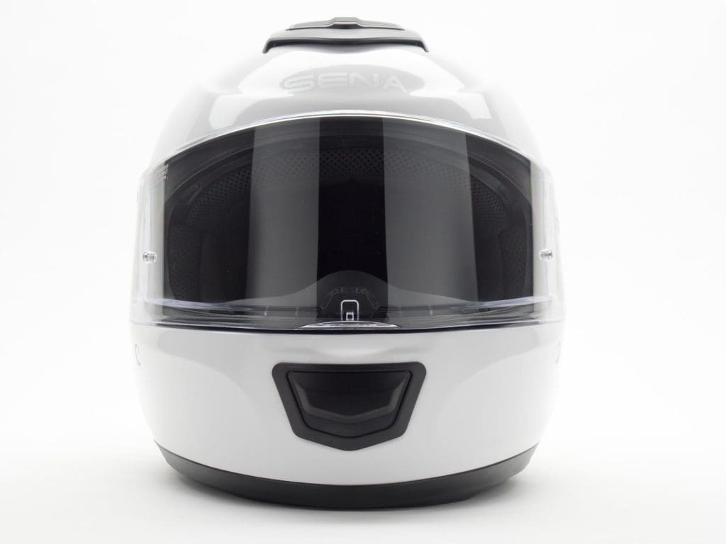 Sena Momentum Helmet Full Front Side View, Faceshield Down.