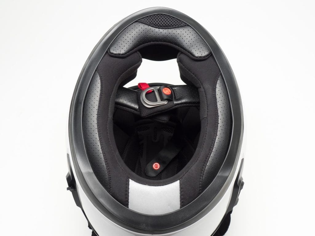 Sena Momentum Helmet Underside View of Full Helmet with Clasps and Padding Arrangement Shown Clearly