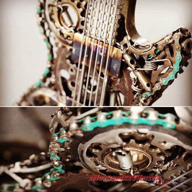 Artist Paul Tinson uses motorcycle parts for guitar sculptures