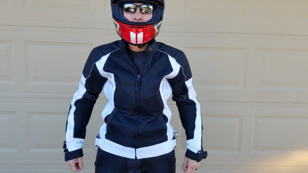 Motonation Metralla Ladies Vented Textile Jacket As Shown On Model Full Fitted View with Helmet On