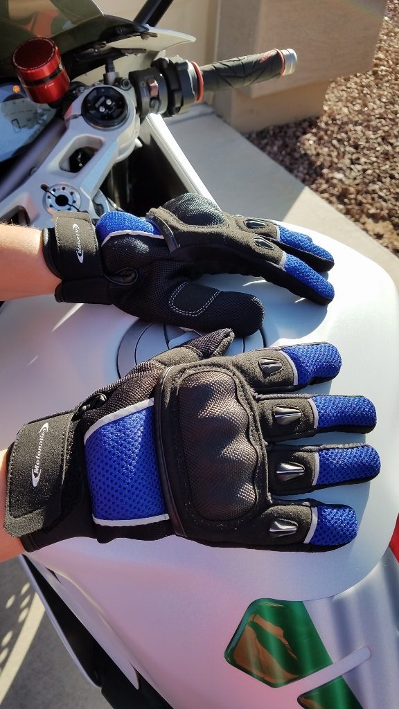 Motonation Rapita Textile Mesh Gloves Worn Both Hands Ready For Test with Motorcycle