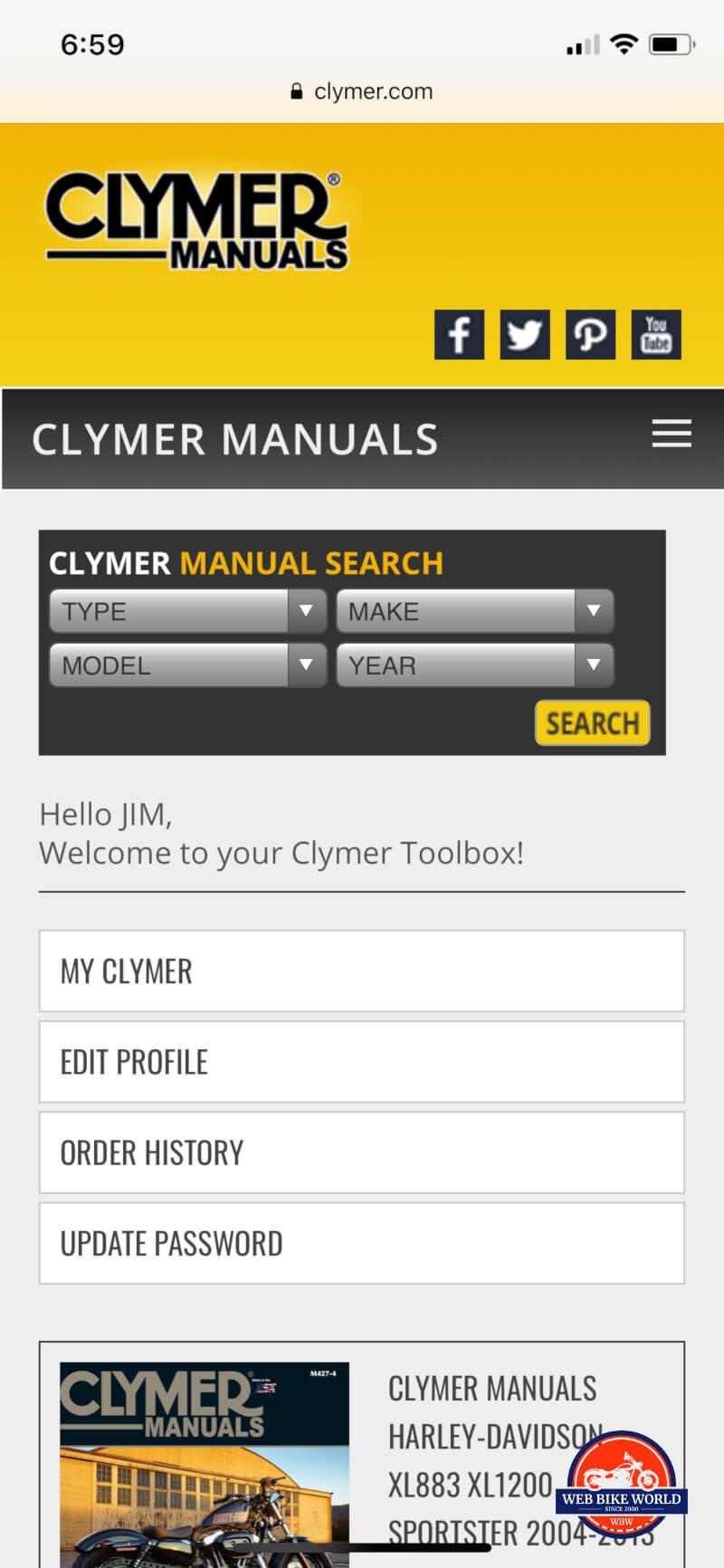 Clymer Online Manual on Mobile
