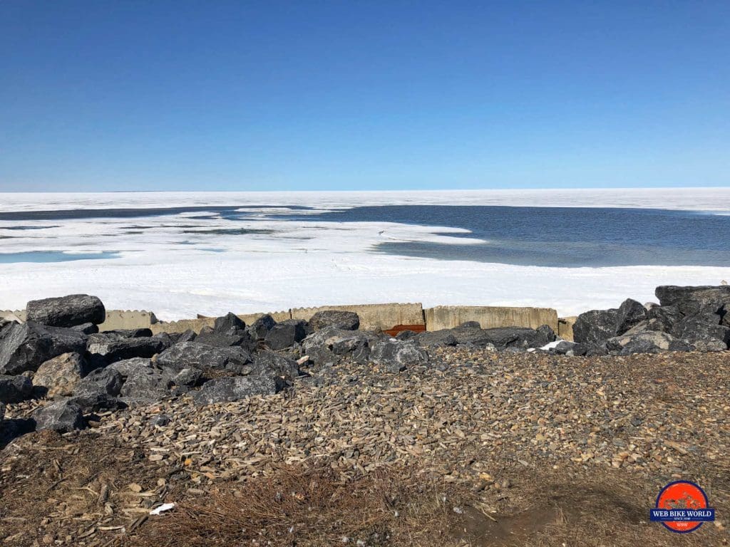 Rocks and ice on the shore at Tuktoyaktuk on the Beaufort Sea.