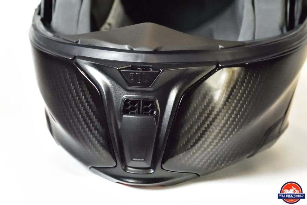 AGV Sportmodular Carbon Gloss helmet chinbar vent open.