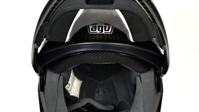 AGV Sportmodular Carbon Gloss helmet chinbar raised and locked open.