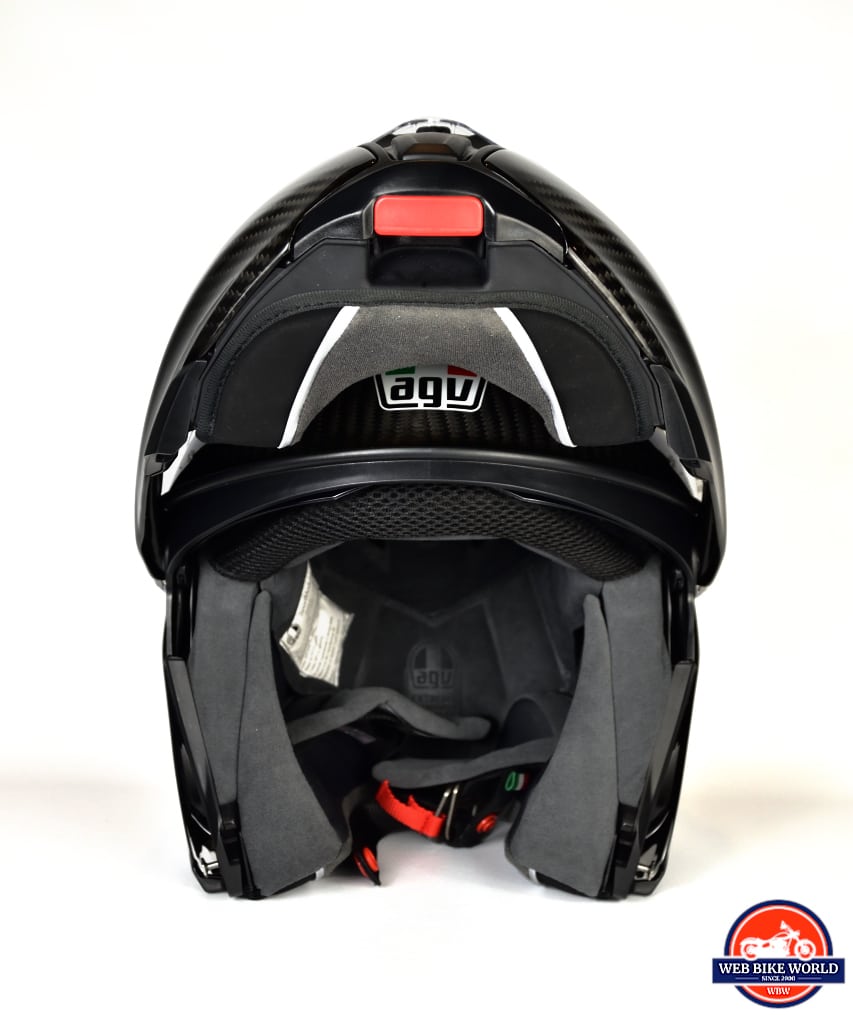 AGV Sportmodular Carbon Gloss helmet chinbar raised and locked open.