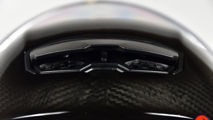 AGV Sportmodular Carbon Gloss helmet rear spoiler/vent open fully.
