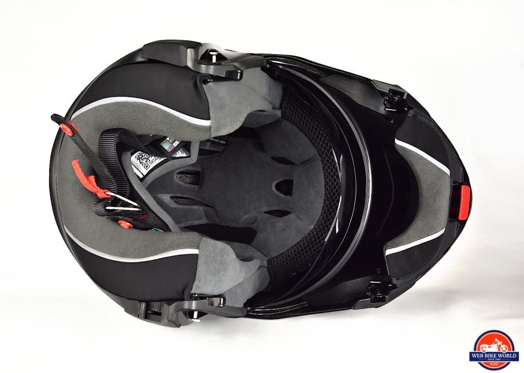 AGV Sportmodular Carbon Gloss helmet visor open bottom view.